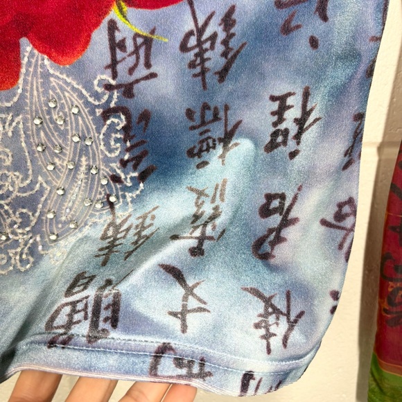 Jane Doe Y2K 90s Grunge Vintage Mesh Sleeve Top Size Medium Floral Blue Red - Picture 4 of 13